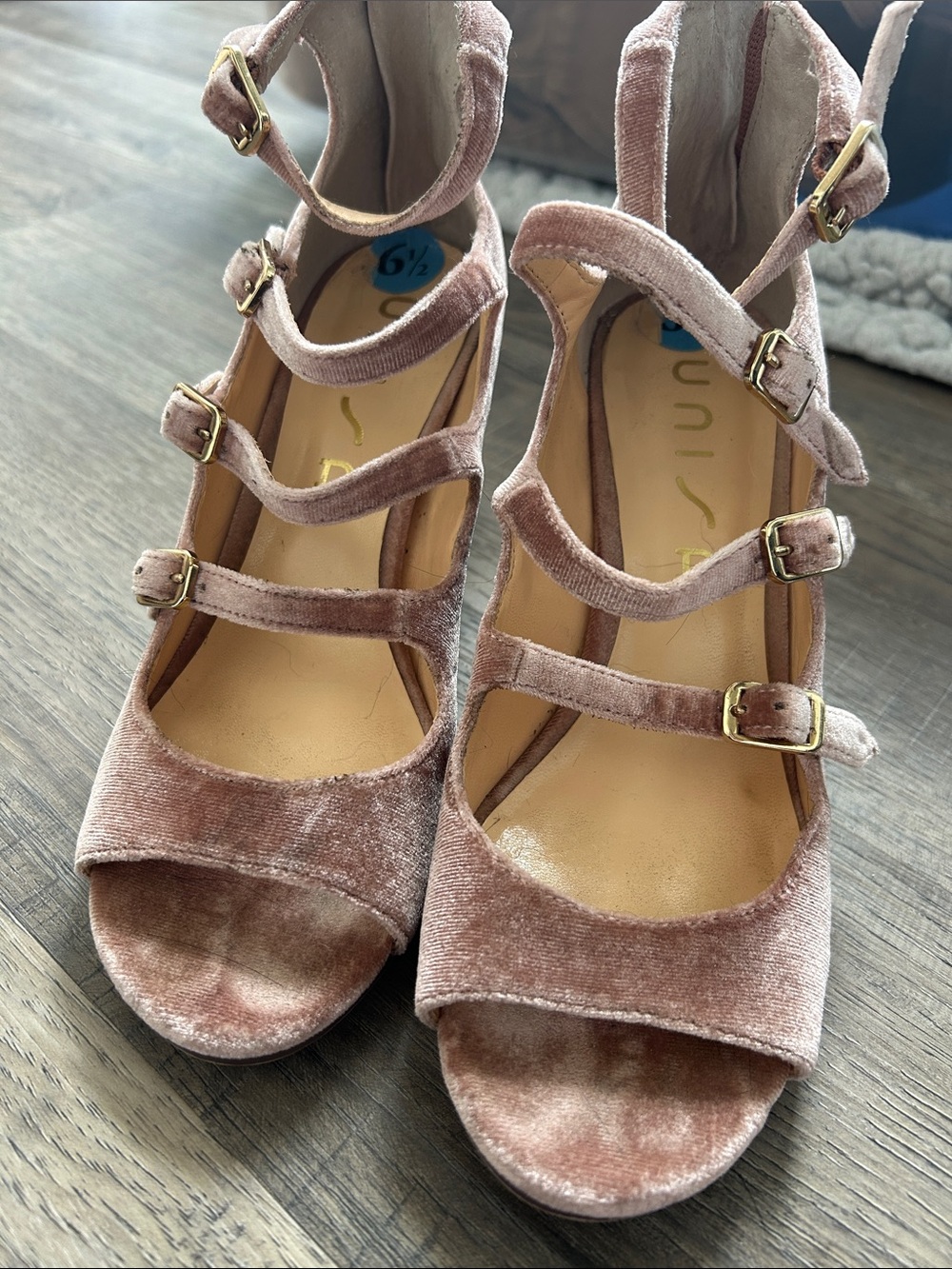 Unisa Pink Velvet Multi-Strap Block Heel Sandals